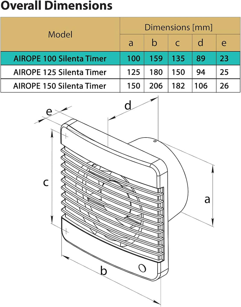 100 mm Timer, Fan, Extractor with Anti-Return Valve + Integrated Mosquito Net, 7 W, dB(A) 26.VMC for Bathroom, Kitchen, Office, Toilet, Silent, 5 Year Warranty AIROPE