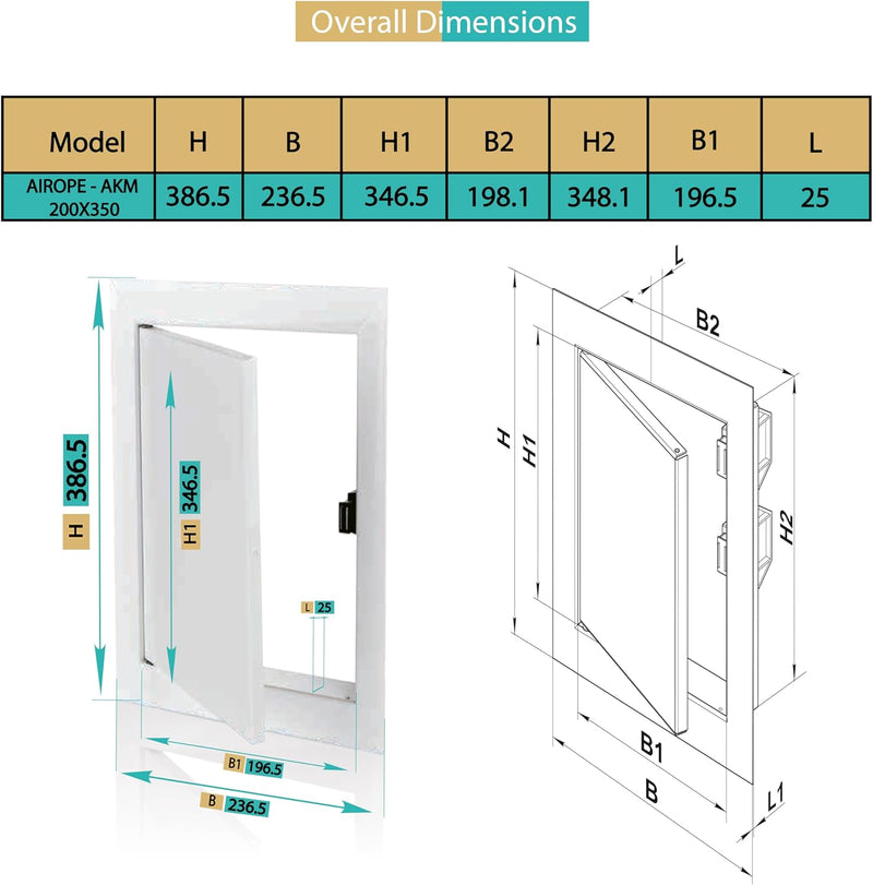 200 x 350 mm Steel Door with Magnetic Closure, Side Opening Left/Right, Access Panels for Water Meter, Ceiling, Bathtub, Fuse Boxes, Conceals Wires, Pipes