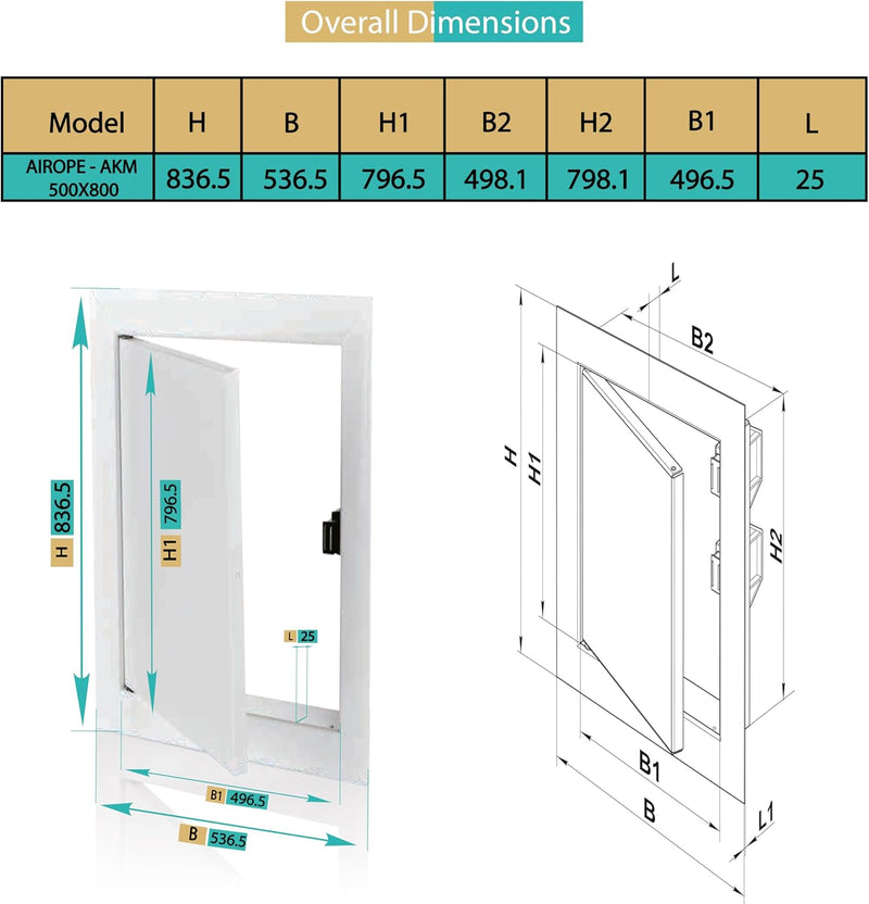 500 x 800 mm Steel Door with Magnetic Closure, Side Opening Left/Right, Access Panels for Water Meter, Ceiling, Bathtub, Fuse Boxes, Conceal Wires, Hoses