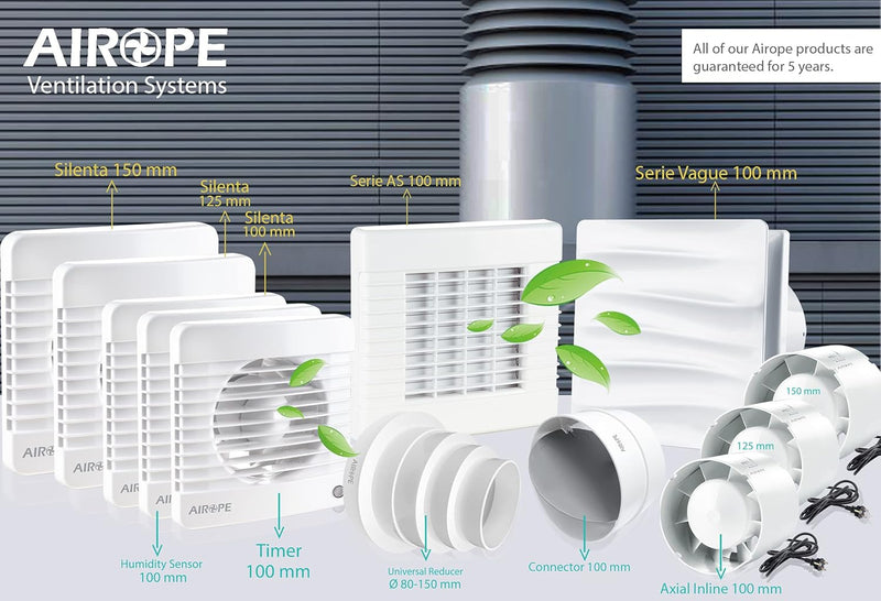 125 mm Fan, Extractor Fan with Check Valve + Integrated Mosquito Net, 9.1 W, dB(A) 31.VMC for Bathroom, Kitchen, Office, Toilet, Silent, 5 Year Warranty AIROPE