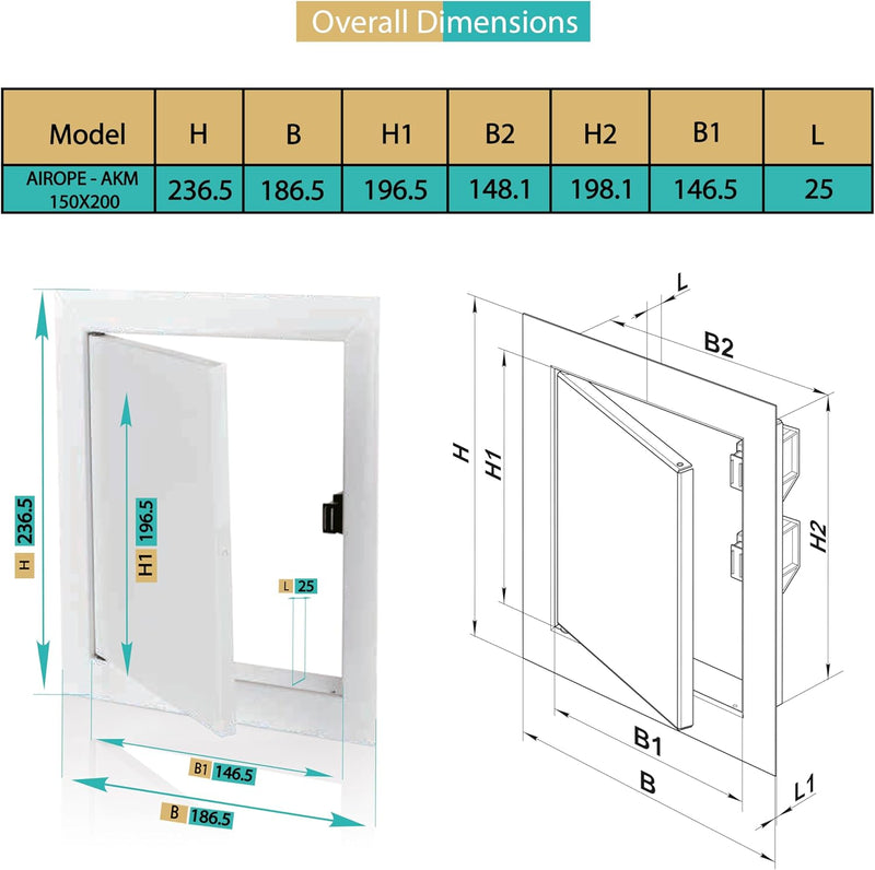 150 x 200 mm Steel Door with Magnetic Closure, Side Opening Left/Right, Access Panels for Water Meter, Ceiling, Bathtub, Fuse Boxes, Conceals Wires, Pipes