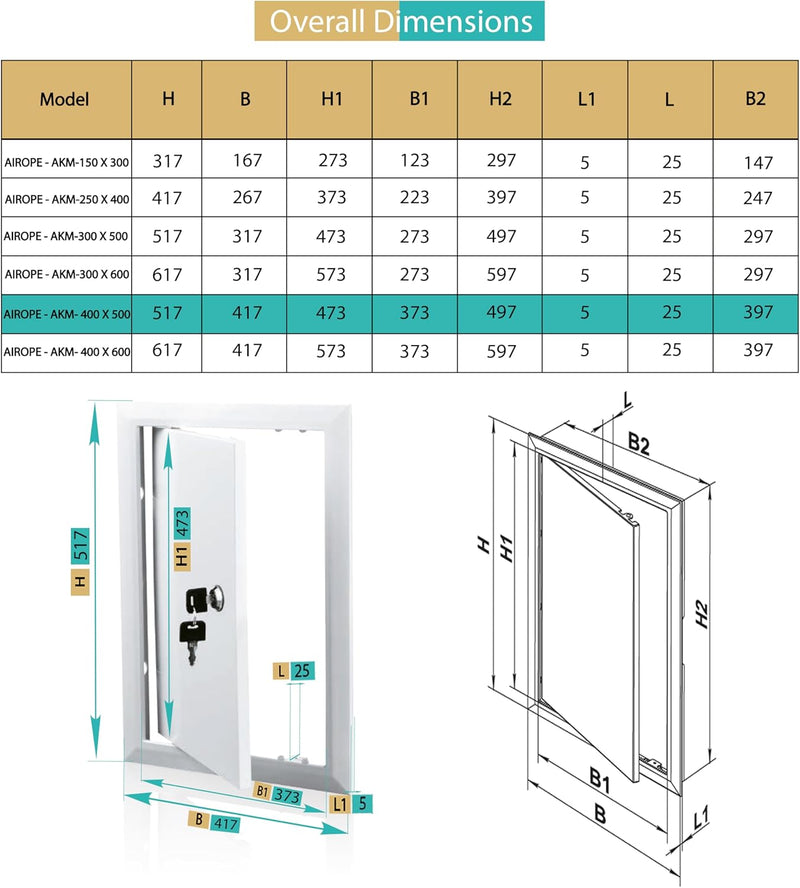 400 x 500 mm ABS Plastic Visit Hatch with Key Lock, Side Opening Left/Right, Access Panels for Water Meter, Ceiling, Bathtub, Fuse Boxes, Conceal Wires, Hoses