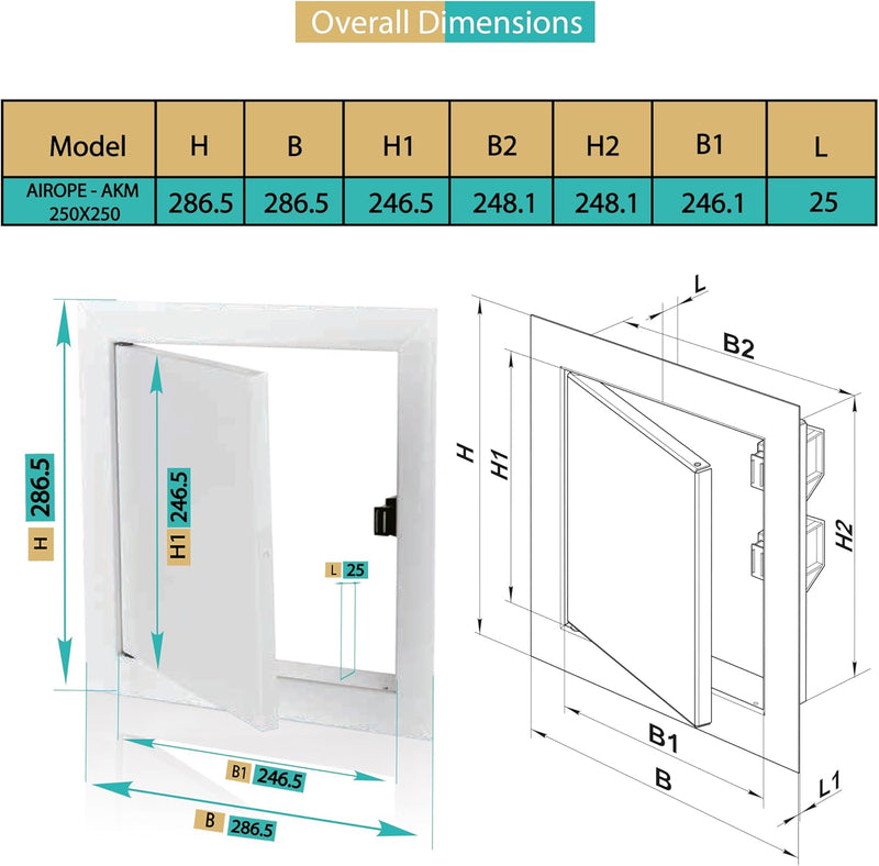 250 x 250 mm Steel Door with Magnetic Closure, Side Opening Left/Right, Access Panels for Water Meter, Ceiling, Bathtub, Fuse Boxes, Conceals Wires, Pipes