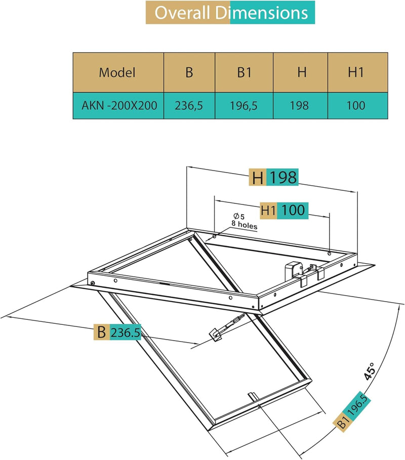 200 x 200 mm steel inspection hatch, made only for ceiling, with safety rope, premium magnetic closure, secure installation, easy access to cables, hidden equipment