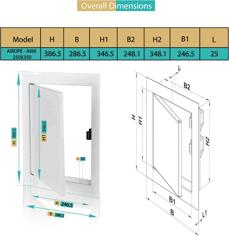 250 x 350 mm Steel Door with Magnetic Closure, Side Opening Left/Right, Access Panels for Water Meter, Ceiling, Bathtub, Fuse Boxes, Conceals Wires, Pipes