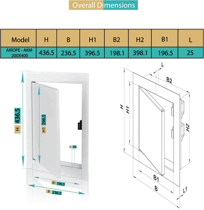 200 x 400 mm Steel Door with Magnetic Closure, Side Opening Left/Right, Access Panels for Water Meter, Ceiling, Bathtub, Fuse Boxes, Conceals Wires, Pipes