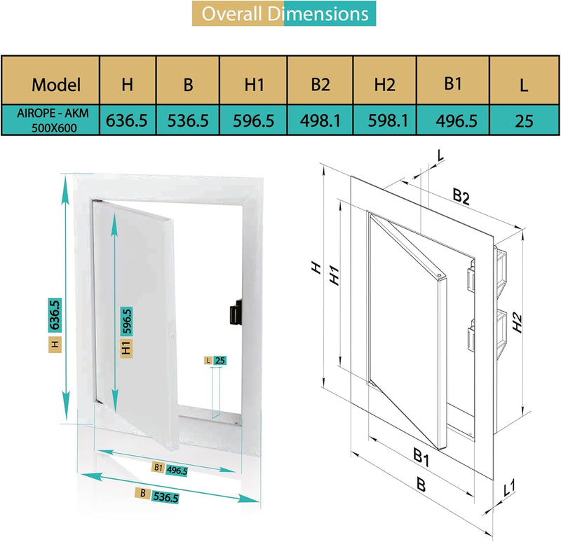 500 x 600 mm Steel Door with Magnetic Closure, Side Opening Left/Right, Access Panels for Water Meter, Ceiling, Bathtub, Fuse Boxes, Conceal Wires, Hoses