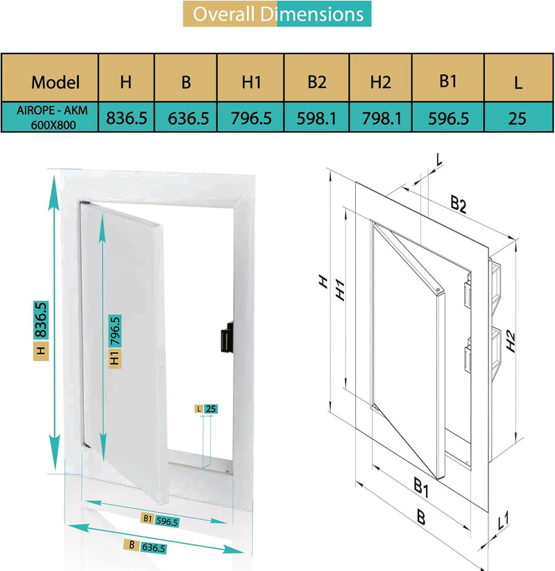 600 x 800 mm Steel Door with Magnetic Closure, Side Opening Left/Right, Access Panels for Water Meter, Bathtub, Fuse Boxes, Wire Hides, Pipes