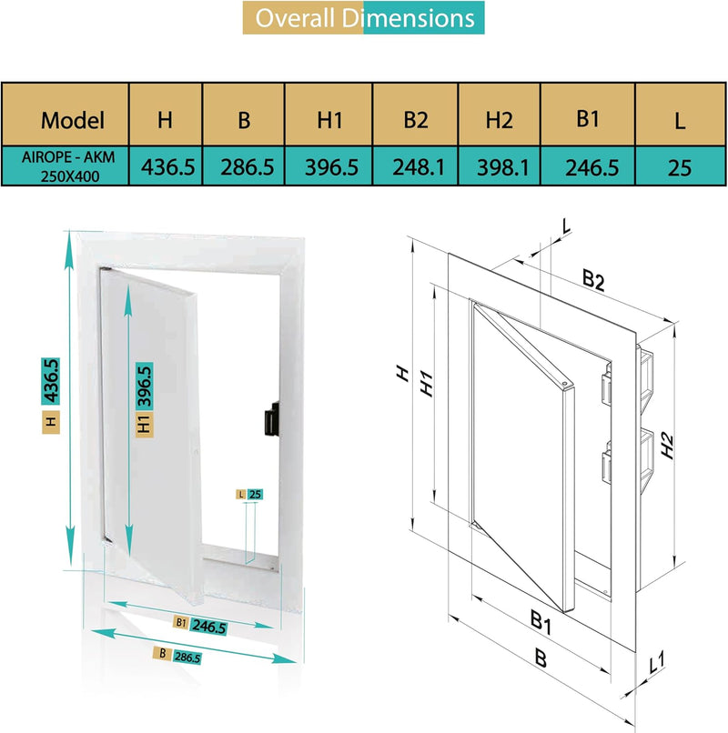 250 x 400 mm Steel Door with Magnetic Closure, Side Opening Left/Right, Access Panels for Water Meter, Ceiling, Bathtub, Fuse Boxes, Conceals Wires, Pipes
