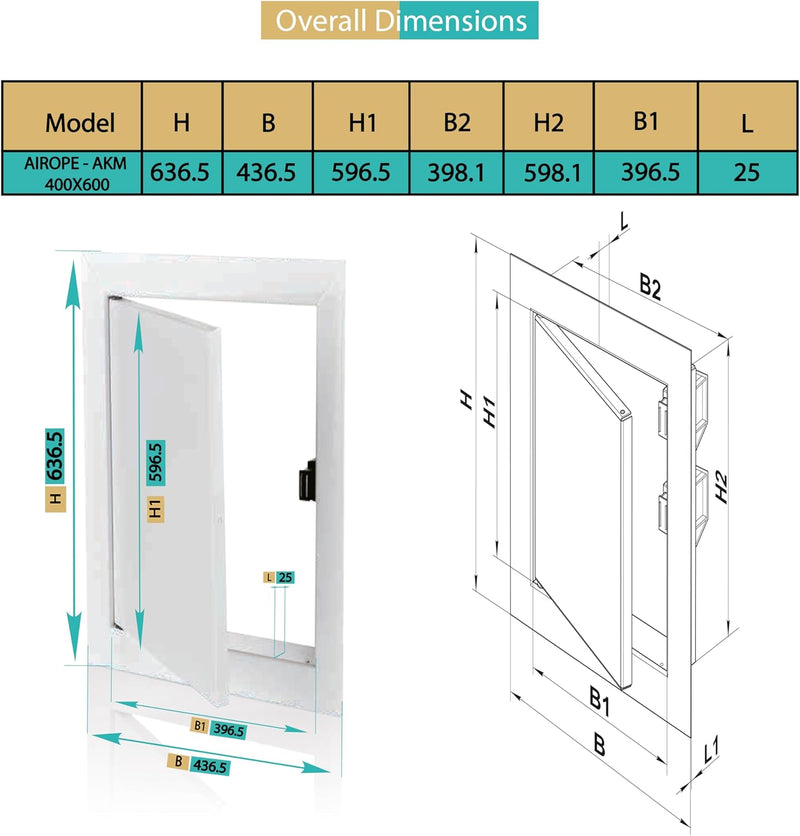 400 x 600 mm Steel Door with Magnetic Closure, Side Opening Left/Right, Access Panels for Water Meter, Ceiling, Bathtub, Fuse Boxes, Conceal Wires, Hoses