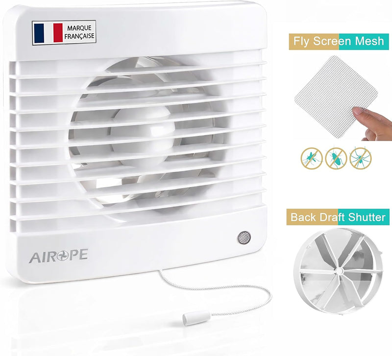 100 mm Ventilateur Extracteur d'Air VMC avec Interrupteur à Tirette, Clapet Anti-Retour + Moustiquaire, 7W, 26 dB, pour Salle de Bain, Cuisine, WC, Silencieux, Garantie 5 Ans