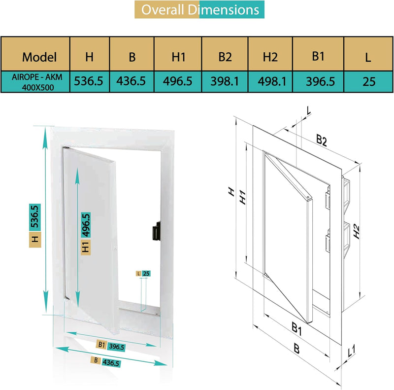400 x 500 mm Steel Door with Magnetic Closure, Side Opening Left/Right, Access Panels for Water Meter, Ceiling, Bathtub, Fuse Boxes, Conceals Wires, Pipes