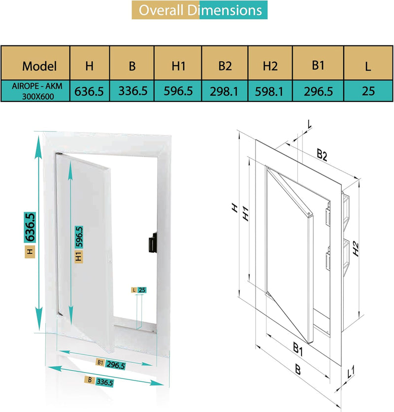 300 x 600 mm Steel Door with Magnetic Closure, Side Opening Left/Right, Access Panels for Water Meter, Ceiling, Bathtub, Fuse Boxes, Conceal Wires, Hoses