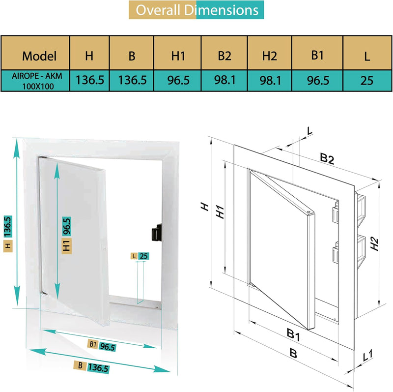 100 x 100 mm Steel Door with Magnetic Closure, Left/Right Side Opening, Access Panels for Water Meter, Ceiling, Bathtub, Fuse Boxes, Wire Hides, Pipes