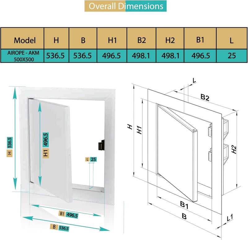 500 x 500 mm Steel Door with Magnetic Closure, Side Opening Left/Right, Access Panels for Water Meter, Ceiling, Bathtub, Fuse Boxes, Conceal Wires, Hoses