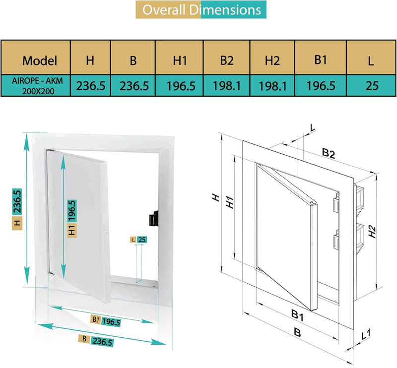 200 x 200 mm Steel Door with Magnetic Closure, Side Opening Left/Right, Access Panels for Water Meter, Ceiling, Bathtub, Fuse Boxes, Conceals Wires, Pipes