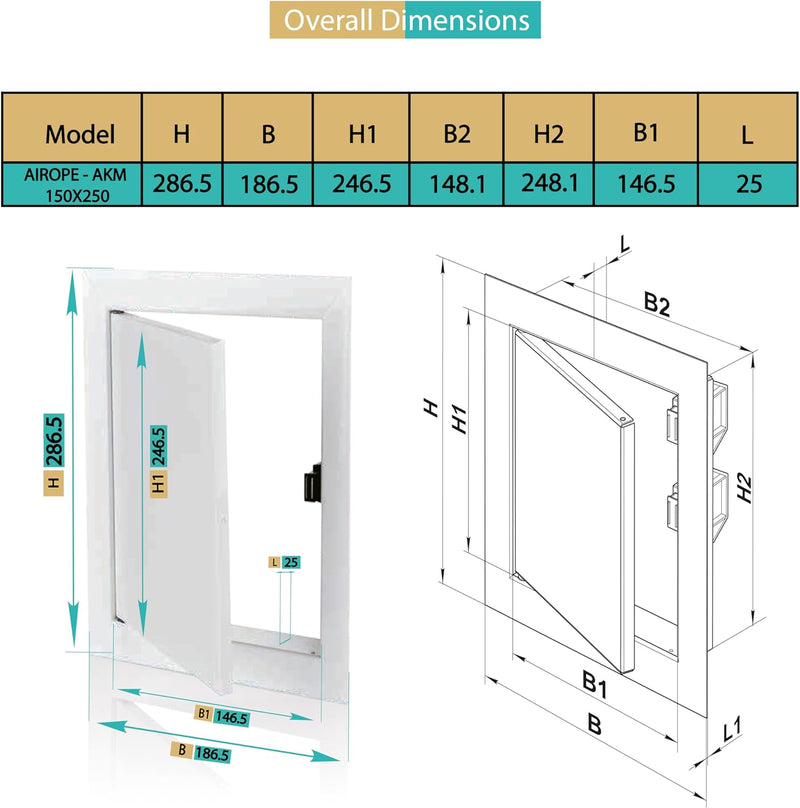 150 x 250 mm Steel Door with Magnetic Closure, Side Opening Left/Right, Access Panels for Water Meter, Ceiling, Bathtub, Fuse Boxes, Conceals Wires, Pipes