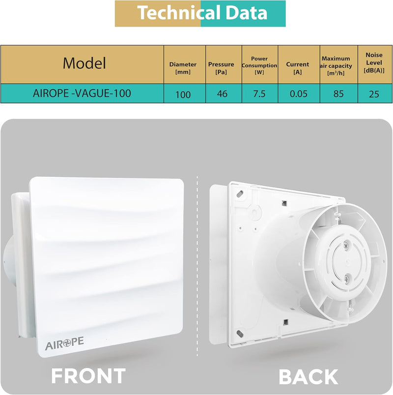 100 mm Air Extractor Fan with Non-Return Valve, 92 m3/h, VMC, Modern Design and Aesthetic Appearance for Bathroom, Kitchen, Office, Toilet, Silent, 5 Year Warranty