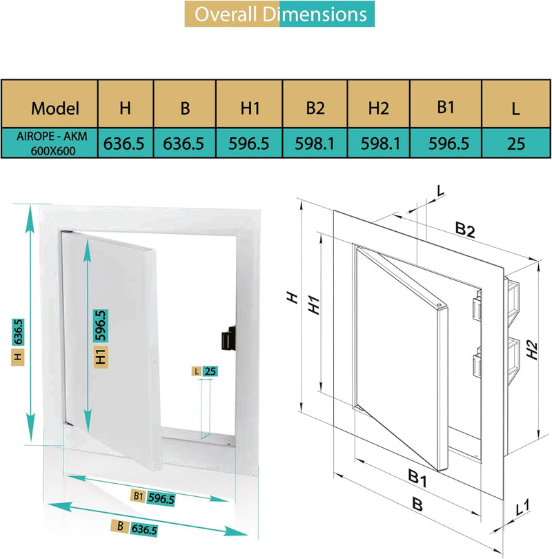 600 x 600 mm Steel Door with Magnetic Closure, Side Opening Left/Right, Access Panels for Water Meter, Ceiling, Bathtub, Fuse Boxes, Wire Hiding, Hoses
