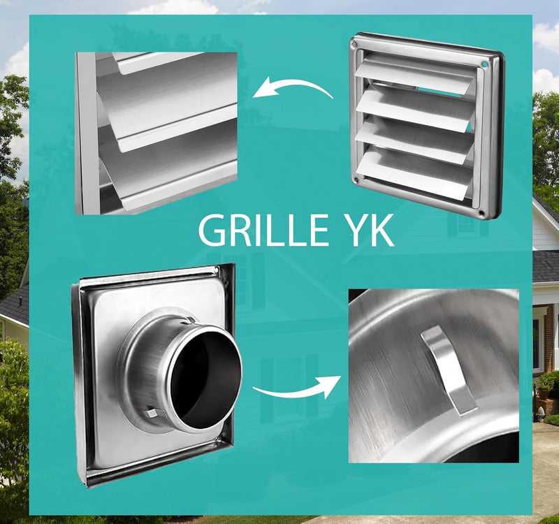 100mm Stainless Steel Air Vent Grille - Weather Resistant with Anti-Return Automatic Closing - Perfect for Dryers, Hoods, Ventilations, Exhaust Ducts