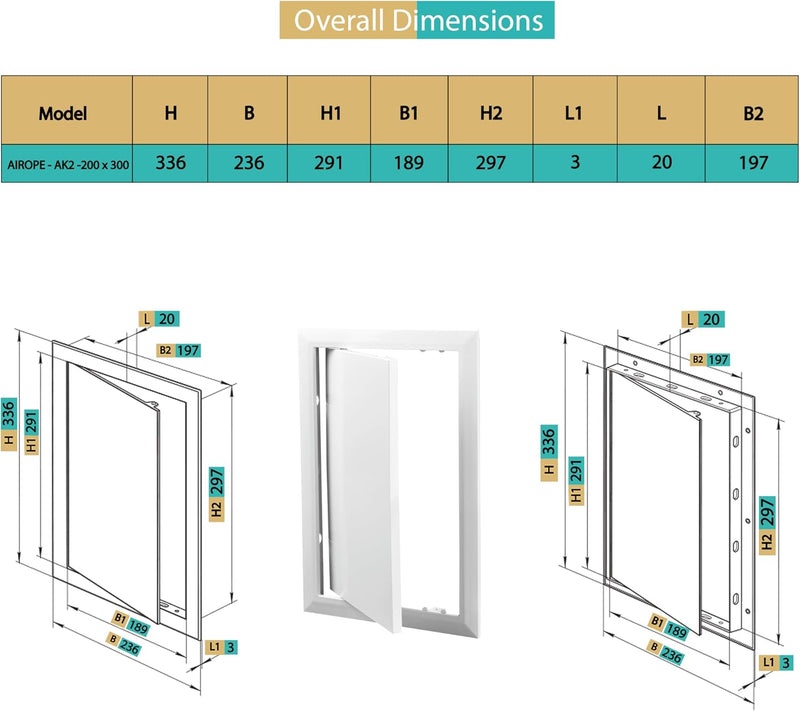 200 x 300 cm ABS Plastic Visit Hatch, Ready for Painting, Side Opening Left/Right, Ideal for Water Meter, Ceiling, Bathtub, Fuse Boxes, Conceals Wires and Pipes