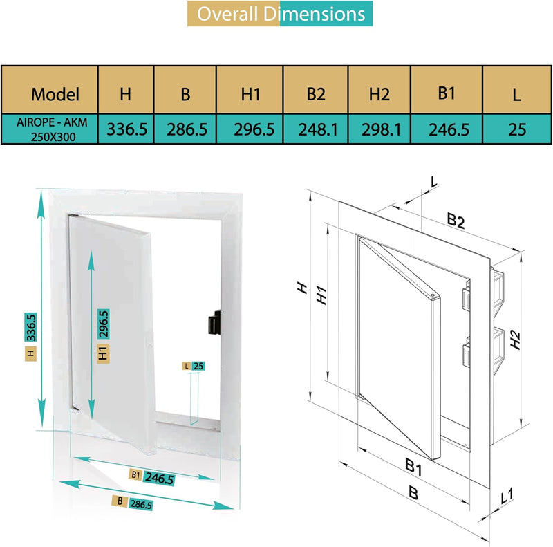 250 x 300 mm Steel Door with Magnetic Closure, Side Opening Left/Right, Access Panels for Water Meter, Ceiling, Bathtub, Fuse Boxes, Conceals Wires, Pipes