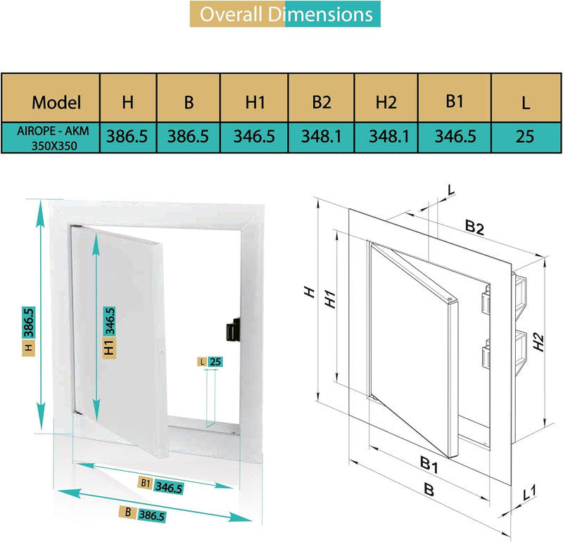 350 x 350 mm Steel Door with Magnetic Closure, Side Opening Left/Right, Access Panels for Water Meter, Ceiling, Bathtub, Fuse Boxes, Conceals Wires, Pipes