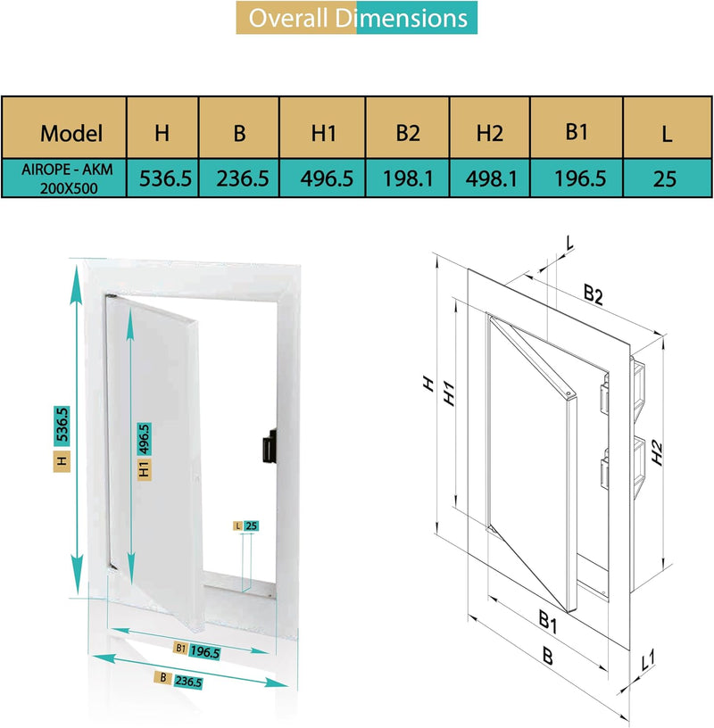 200 x 500 mm Steel Door with Magnetic Closure, Side Opening Left/Right, Access Panels for Water Meter, Ceiling, Bathtub, Fuse Boxes, Conceals Wires, Pipes