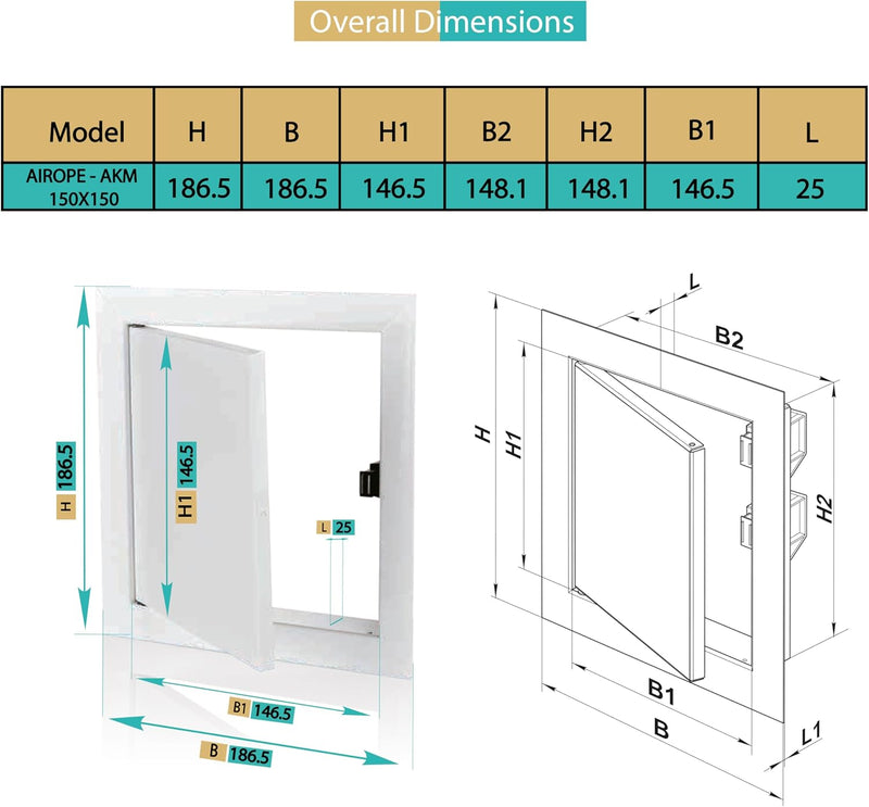 150 x 150 mm Steel Door with Magnetic Closure, Side Opening Left/Right, Access Panels for Water Meter, Ceiling, Bathtub, Fuse Boxes, Conceals Wires, Pipes