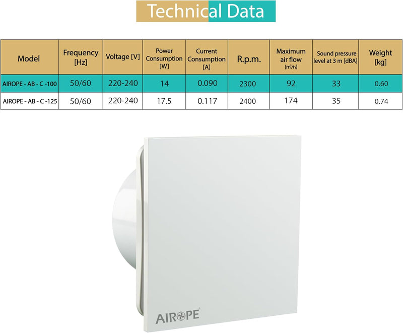 AB-C 100 mm Fan, VMC, Air Extractor with Non-Return Valve, Low Energy Consumption, for Bathroom, Kitchen, Office, Toilet, Silent, 5 Year Warranty