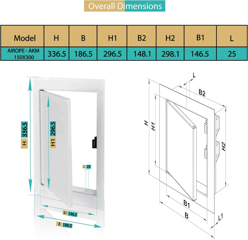 150 x 300 mm Steel Door with Magnetic Closure, Side Opening Left/Right, Access Panels for Water Meter, Ceiling, Bathtub, Fuse Boxes, Conceals Wires, Pipes