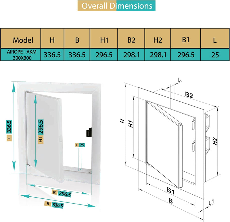 300 x 300 mm Steel Door with Magnetic Closure, Side Opening Left/Right, Access Panels for Water Meter, Ceiling, Bathtub, Fuse Boxes, Conceal Wires, Pipes