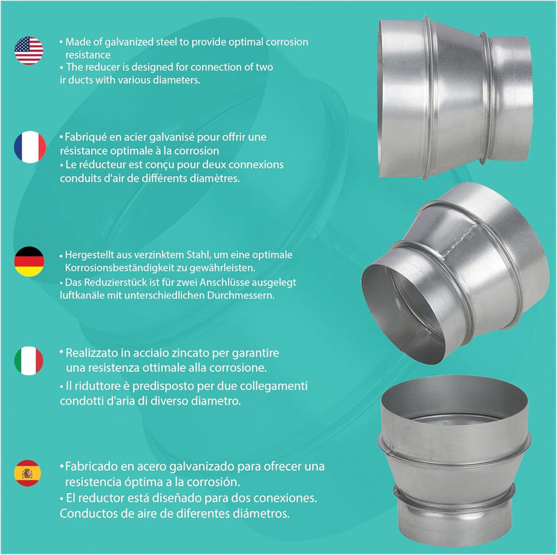 RA-125/150 mm galvanised steel duct reducer, corrosion-resistant, ideal for ventilation, heating, drainage, evacuation, air conditioning. Durable performance. Wide range of dimensions