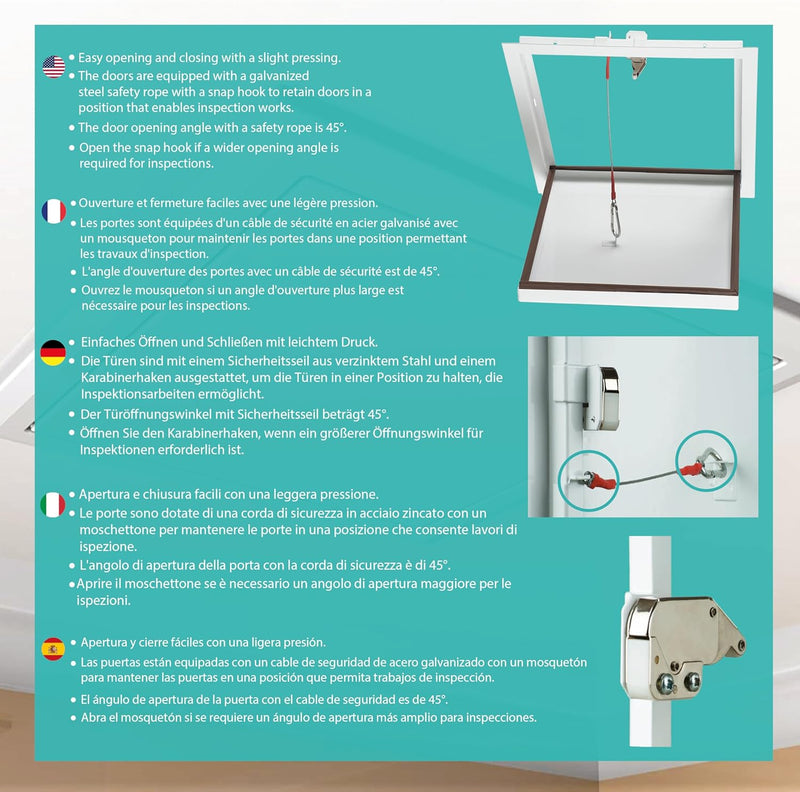 Steel Visit Hatch 500 x 500 mm, Made Only for Ceiling, with Safety Rope, Premium Magnetic Closure, Secure Installation, Easy Access to Cables, Hidden Equipment