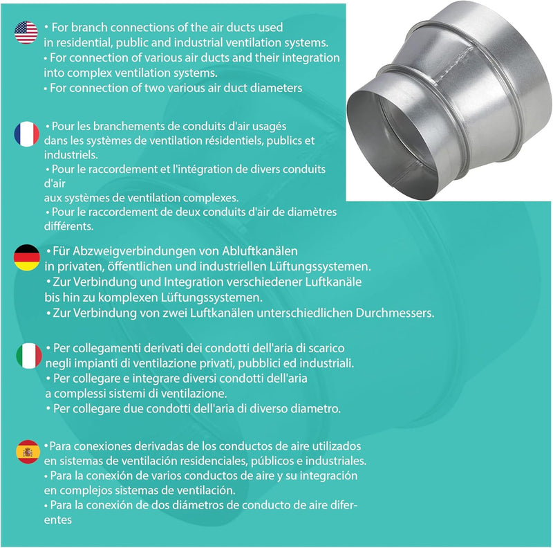 RA-100/120 mm galvanised steel duct reducer, corrosion-resistant, ideal for ventilation, heating, draining, evacuation, air conditioning. Durable performance. Wide range of dimensions