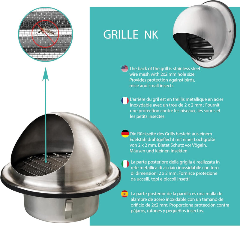 125mm Stainless Steel Vent Grille with Built-In Mosquito Net, Weather Resistant, Perfect for Extractor Hoods, Ventilation and Exhaust Ducts