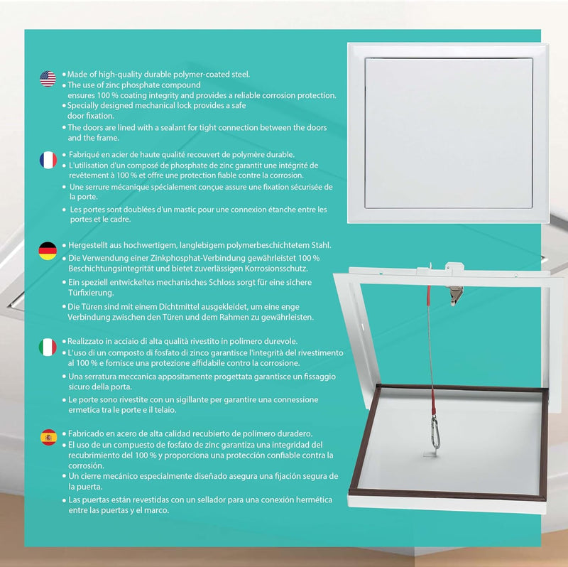 200 x 200 mm steel inspection hatch, made only for ceiling, with safety rope, premium magnetic closure, secure installation, easy access to cables, hidden equipment
