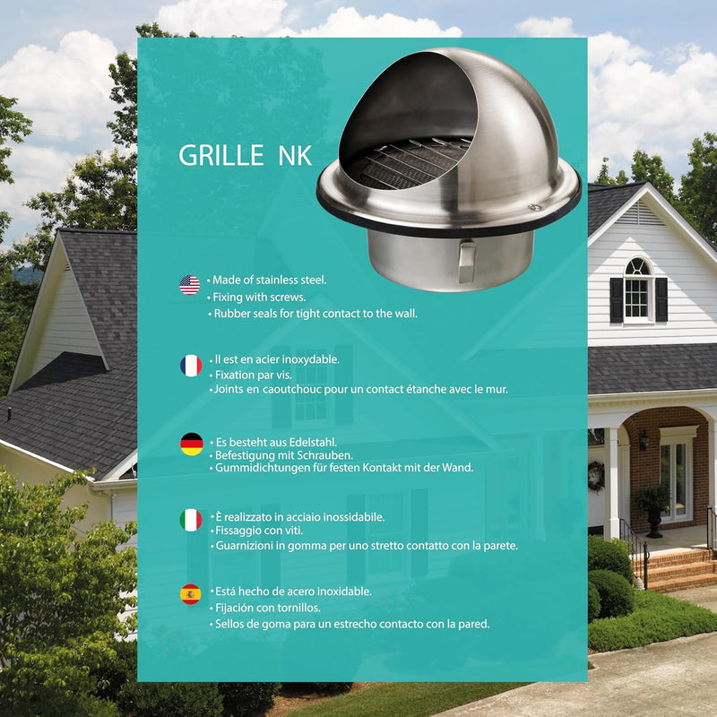 100mm Stainless Steel Air Vent Grille with Built-In Mosquito Net, Weather Resistant, Perfect for Extractor Hoods, Ventilation and Exhaust Ducts