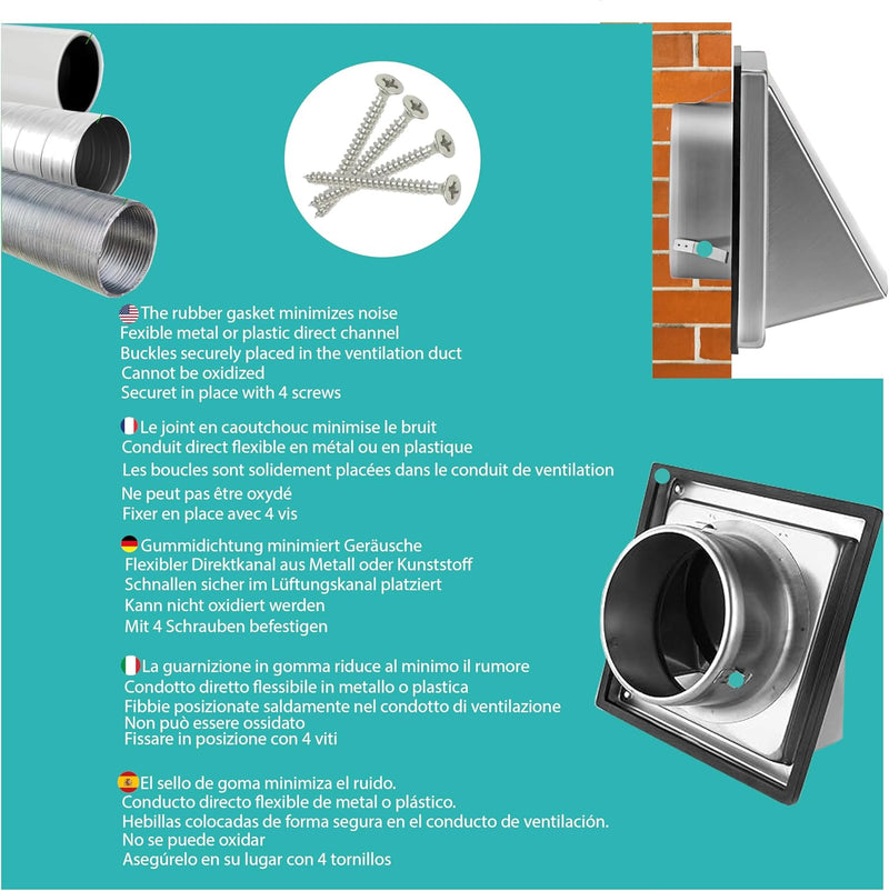 100mm Stainless Steel Air Vent Grille - Weatherproof with Check Valve - Perfect for Dryers, Hoods, Ventilations, Exhaust Ducts