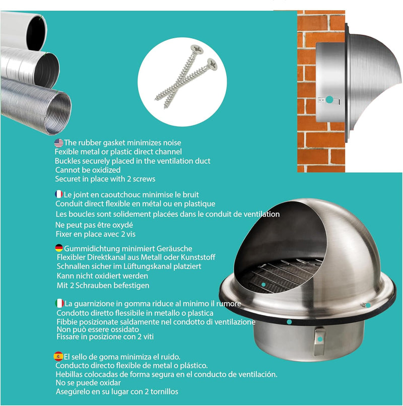 125mm Stainless Steel Vent Grille with Built-In Mosquito Net, Weather Resistant, Perfect for Extractor Hoods, Ventilation and Exhaust Ducts