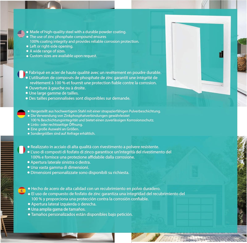 200 x 300 mm Steel Door with Magnetic Closure, Side Opening Left/Right, Access Panels for Water Meter, Ceiling, Bathtub, Fuse Boxes, Conceals Wires, Pipes