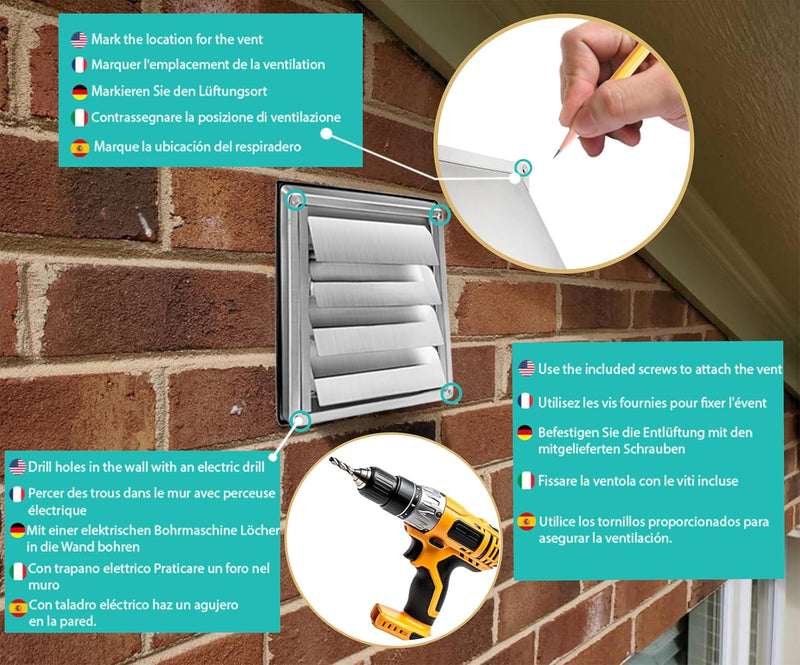 Stainless Steel Air Vent Grille 150 mm - Weather Resistant with Anti-Return Automatic Closing Shutters - Perfect for Dryers, Hoods, Ventilations, Exhaust Ducts