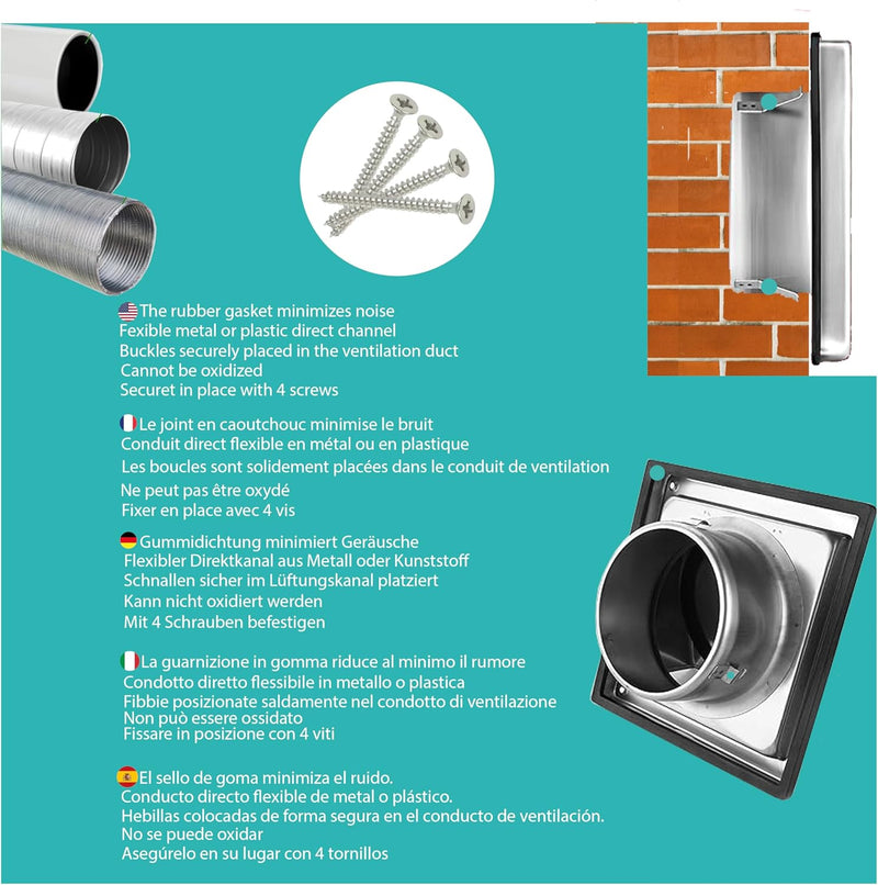 Stainless Steel Air Vent Grille 150 mm - Weather Resistant with Anti-Return Automatic Closing Shutters - Perfect for Dryers, Hoods, Ventilations, Exhaust Ducts