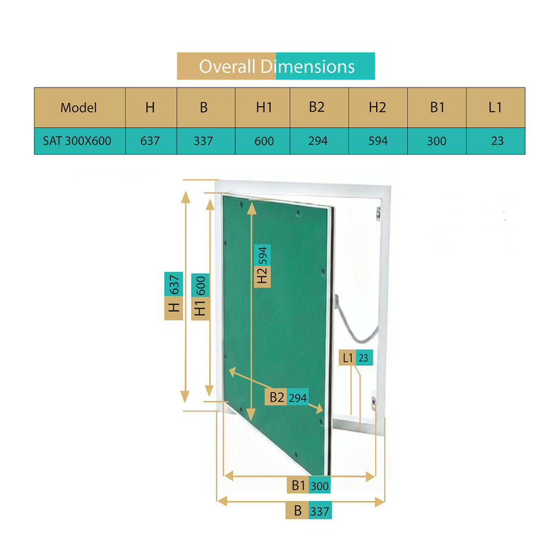 Trappe de Visite 300x600 mm en Aluminium – Plaque de Plâtre BA13 Hydrofuge 12,5 mm – Joint en Feutre Anti-Poussière – Porte Amovible – Panneau d’Accès Mur et Plafond – Fermeture par Pression