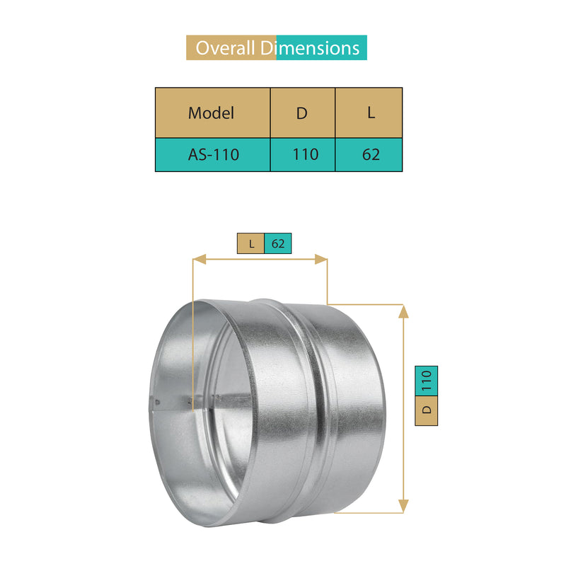 AS- 110 MM,Raccord, Réducteur de Conduit, Connecteur,Acier Galvanisé, Résistant Corrosion, Pour Ventilation, Chauffage, Drainage, Évacuation, Climatisation, Performances Durables