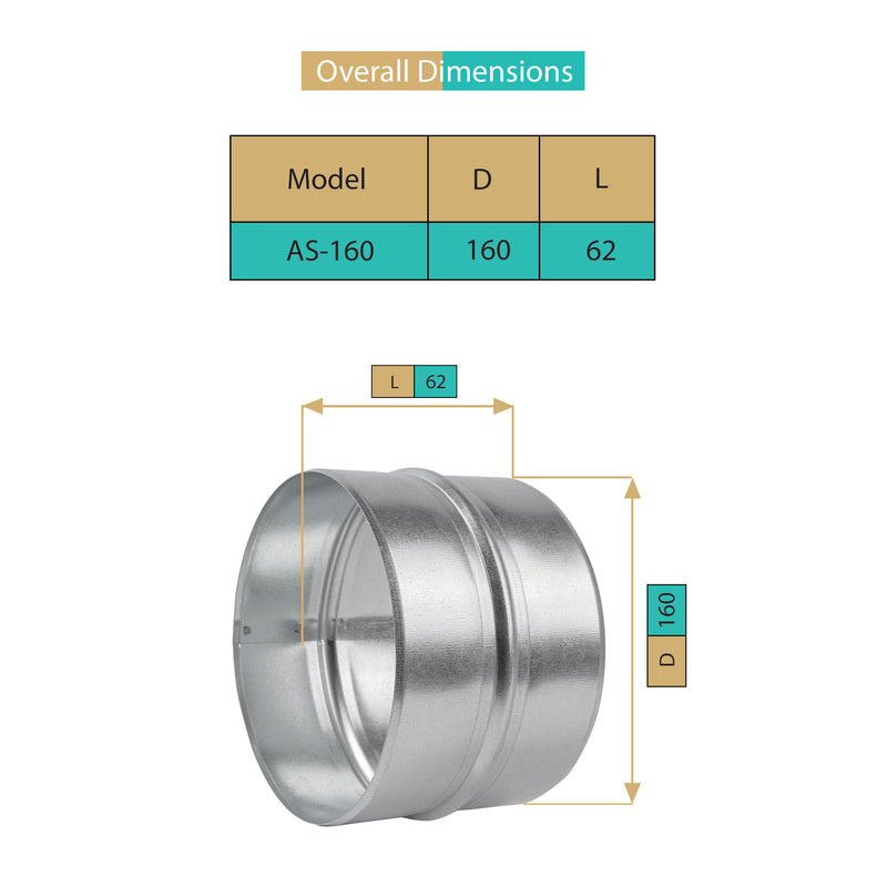 AS- 160 MM,Raccord,Réducteur de Conduit, Connecteur,Acier Galvanisé, Résistant Corrosion, Pour Ventilation, Chauffage, Drainage, Évacuation, Climatisation, Performances Durables